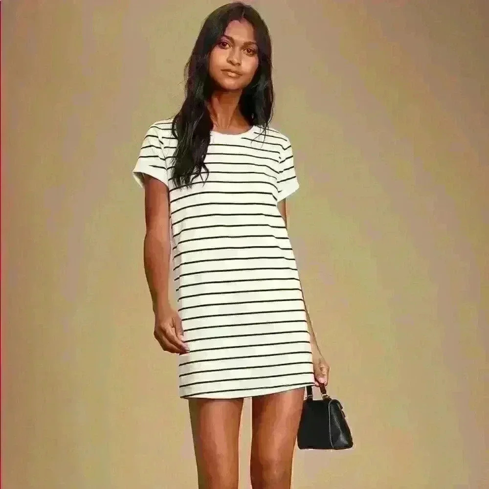 Lulus Cafe Society Black and Cream Stripped shirt dress